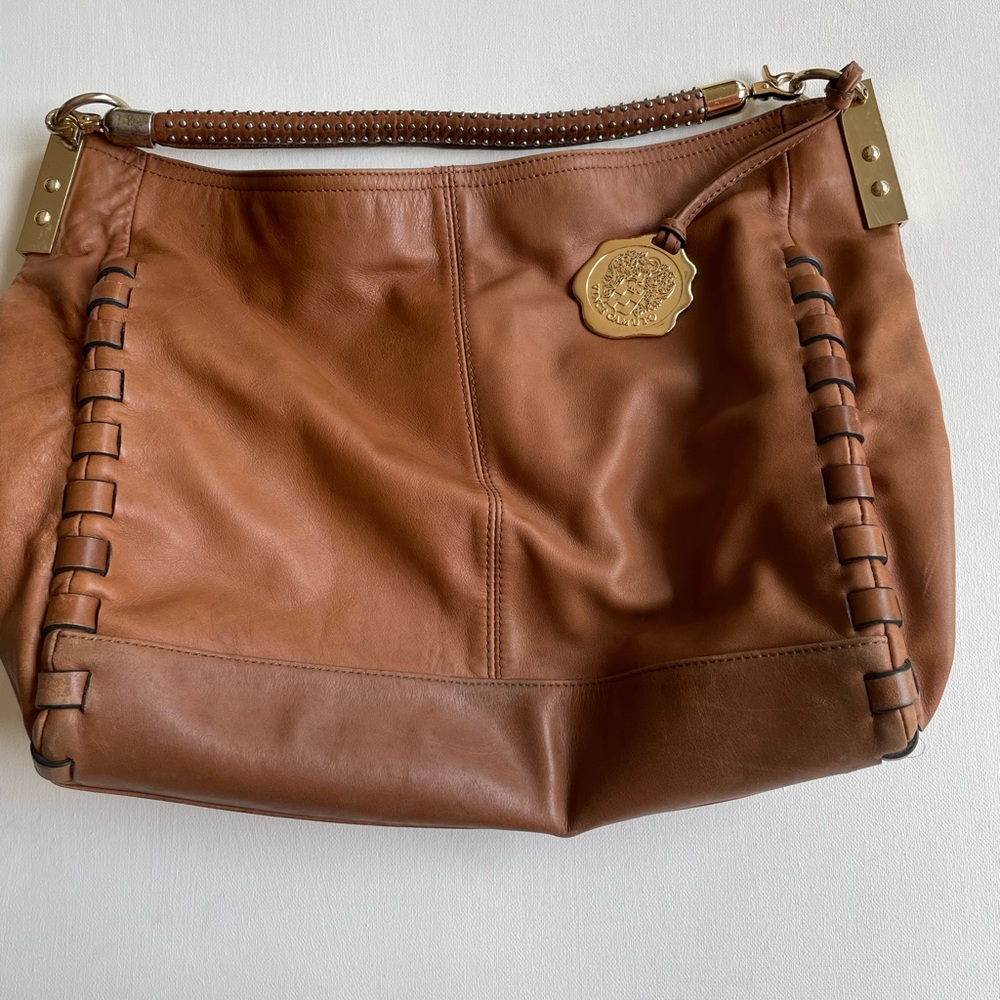 Vince Camuto Tan Leather Shoulder Bag with Gold Accents